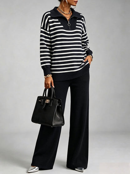 Cozy And Casual Two-piece Set Featuring A Striped Half-zip Knit Pullover And Solid-color Knit Trousers.