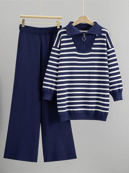 Cozy And Casual Two-piece Set Featuring A Striped Half-zip Knit Pullover And Solid-color Knit Trousers.