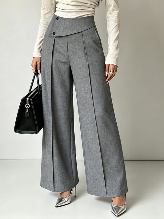 Chic And Sophisticated Grey Wide-leg Trousers With A Wrap-waist Design.