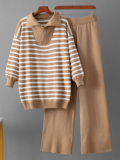 Cozy And Casual Two-piece Set Featuring A Striped Half-zip Knit Pullover And Solid-color Knit Trousers.