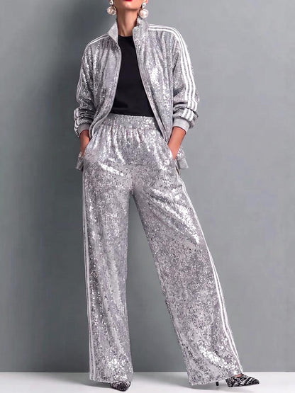 Women's Stand Collar Long Sleeve Casual Loose Color-blocked Sequined Cardigan High Waist Casual Wide Leg Pants Set