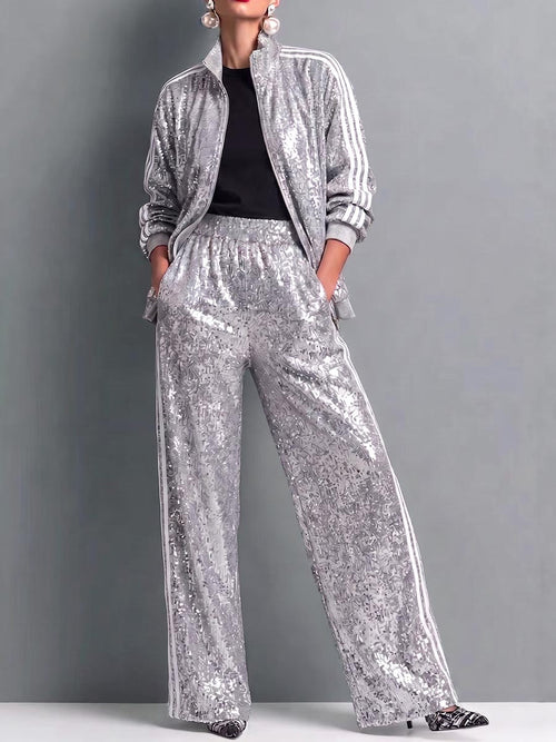 Women's Stand Collar Long Sleeve Casual Loose Color-blocked Sequined Cardigan High Waist Casual Wide Leg Pants Set