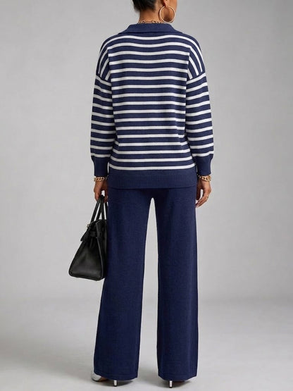 Cozy And Casual Two-piece Set Featuring A Striped Half-zip Knit Pullover And Solid-color Knit Trousers.