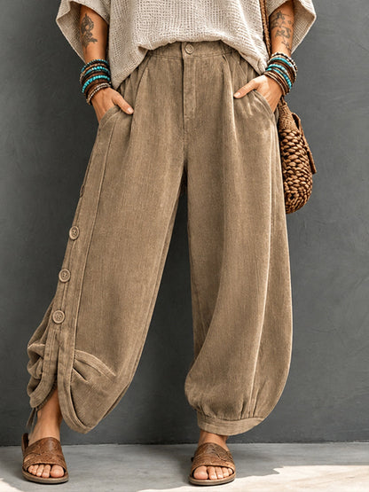 Casual Corduroy Harem Pants With Button Detail