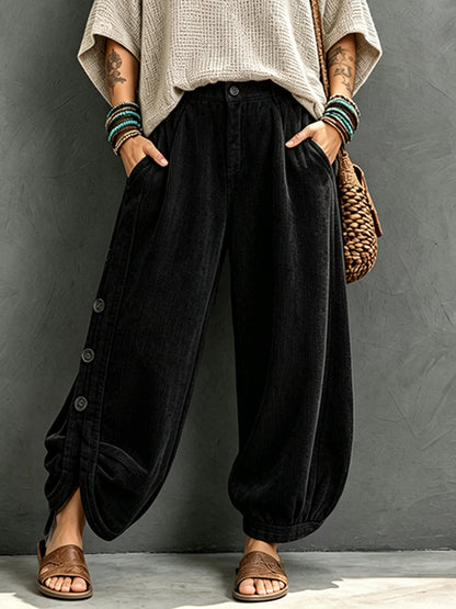 Casual Corduroy Harem Pants With Button Detail