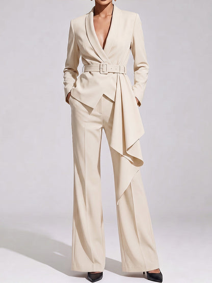 Women's Solid Color Lapel Long Sleeve Casual Loose Fit Suit High Waist Wide Leg Pants Set