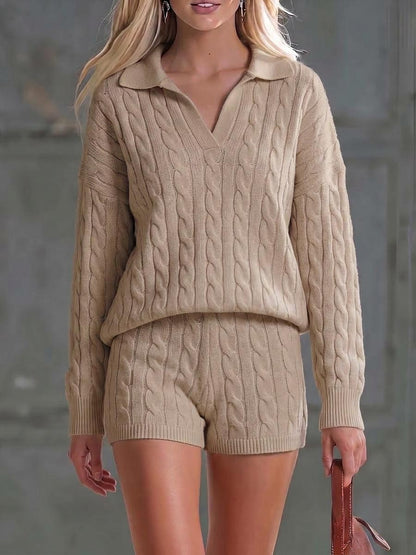 Women's Solid Color Collared Long-sleeved Casual Loose Knit Top And High-waisted Shorts Knit Set