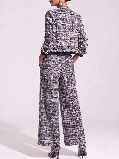 Women's Round Neck Long Sleeve Casual Loose Tweed Cardigan High Waist Wide Leg Pants Suit