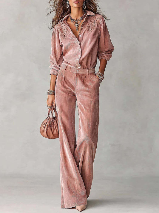 Women's Solid Color Collared Long-sleeved Casual Loose Corduroy Top And High-waisted Wide-leg Pants Corduroy Suit