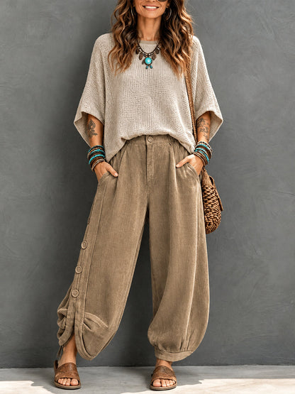 Casual Corduroy Harem Pants With Button Detail