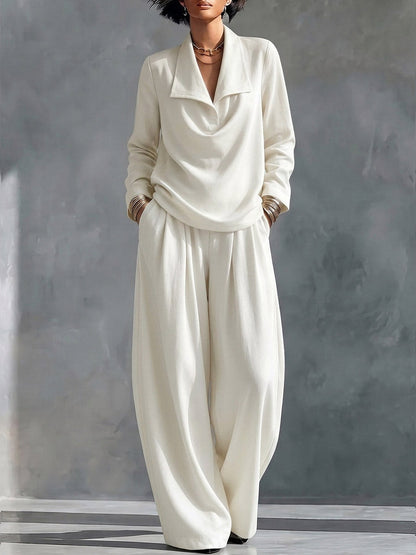 Women's Solid Color Collared Long-sleeved Casual Loose Top And High-waisted Wide-leg Pants Set