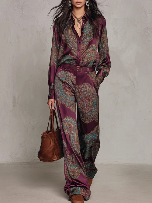 Two-piece Set Featuring A Satin Shirt And Trousers With A Vintage Paisley Print.