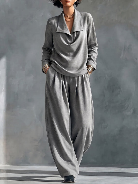 Women's Solid Color Collared Long-sleeved Casual Loose Top And High-waisted Wide-leg Pants Set