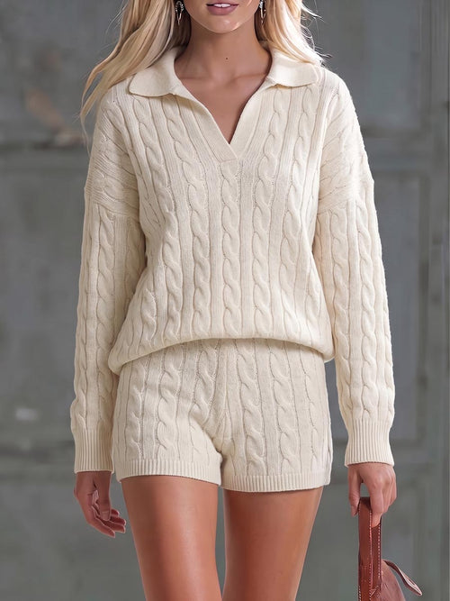 Women's Solid Color Collared Long-sleeved Casual Loose Knit Top And High-waisted Shorts Knit Set